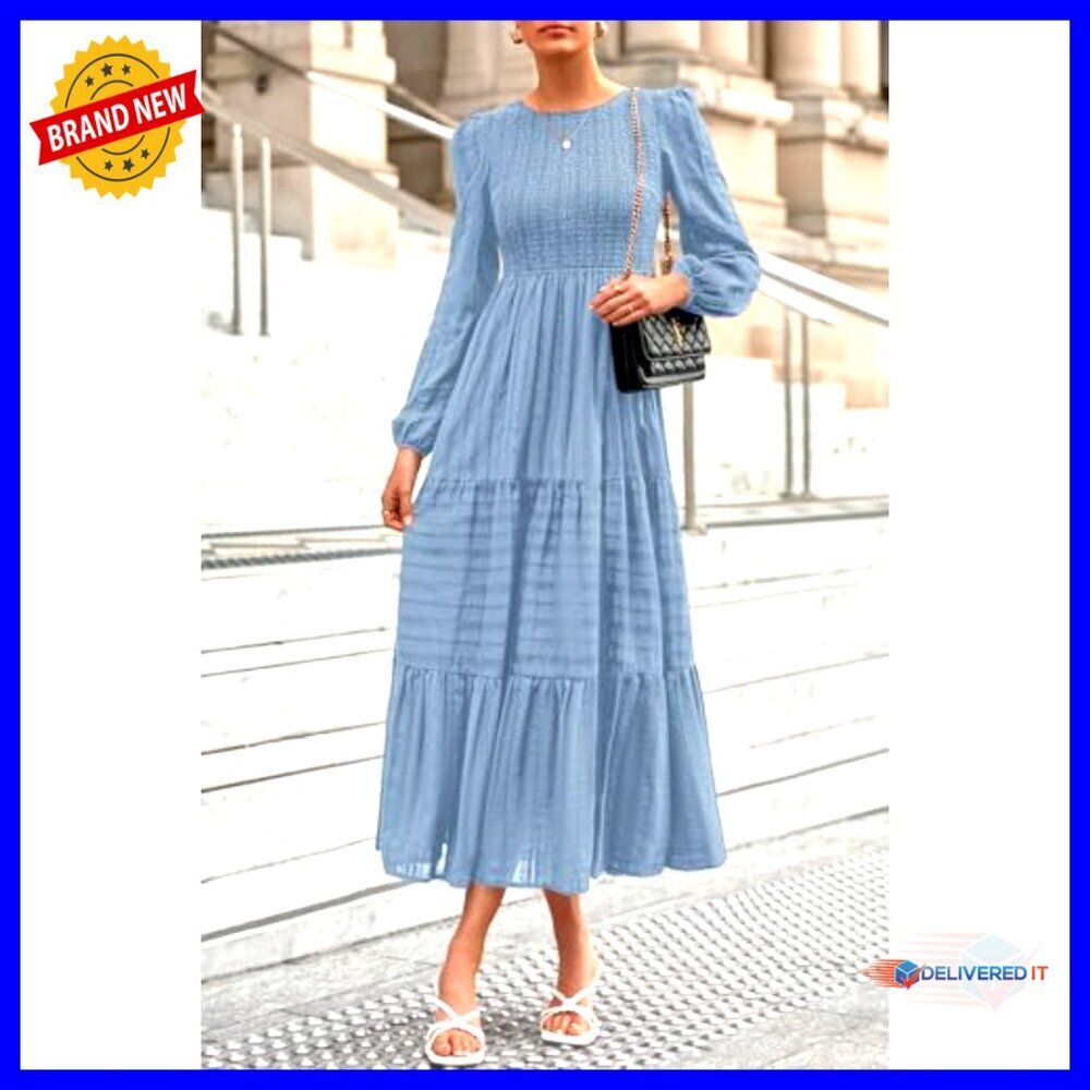 Long Sleeve Smocked Maxi Dress with Pockets, High Waist Tiered Flowy - Picture 3 of 7